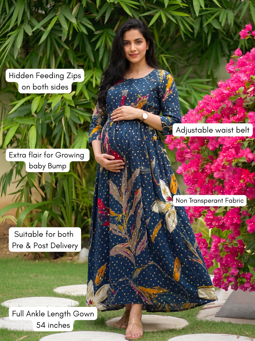 Nerium Flower - Blue - Maternity Kurti with Feeding Zips - Soft Rayon