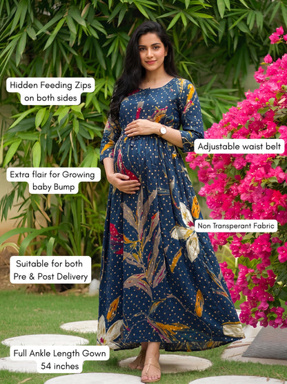 Nerium Flower - Blue - Maternity Kurti with Feeding Zips - Soft Rayon