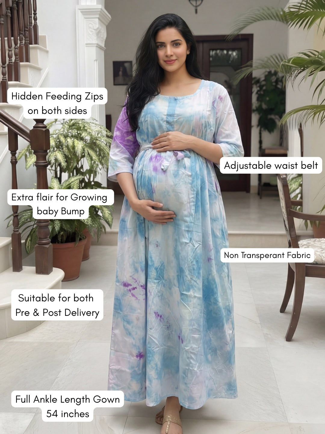 Tye Dye - Sky Blue Purple - Maternity Kurti with Feeding Zips - Soft Rayon