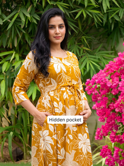 Lily Yellow - Maternity Dress with Feeding Zips - Soft Rayon