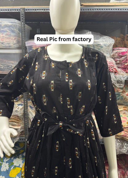 Royal Black Ajrakh - Maternity Kurti with Feeding Zips - Cambric Cotton