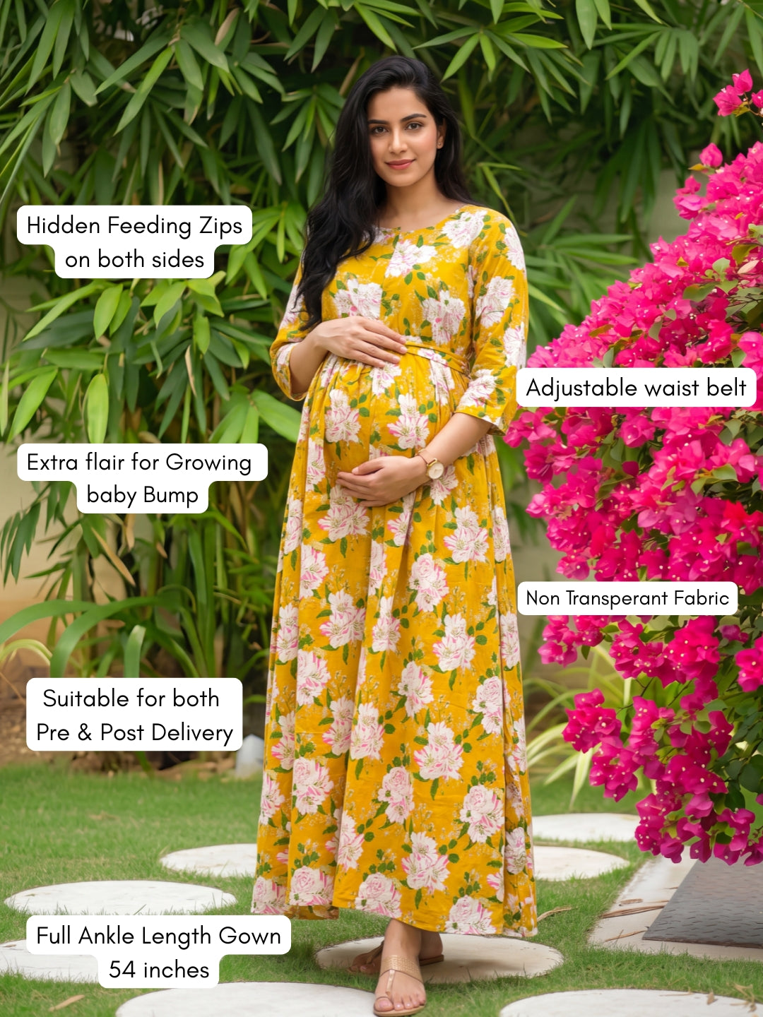 Exotic Yellow - Maternity Dress with Feeding Zips - Pure Cotton