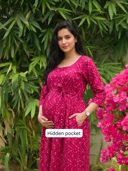 Raani ZigZag Bandhani- Maternity Dress with Feeding Zips - Soft Rayon