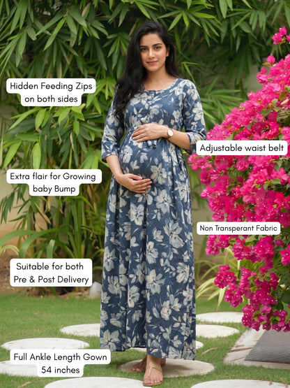Jasmine Blue Grey - Maternity Dress with Feeding Zips - Pure Cotton