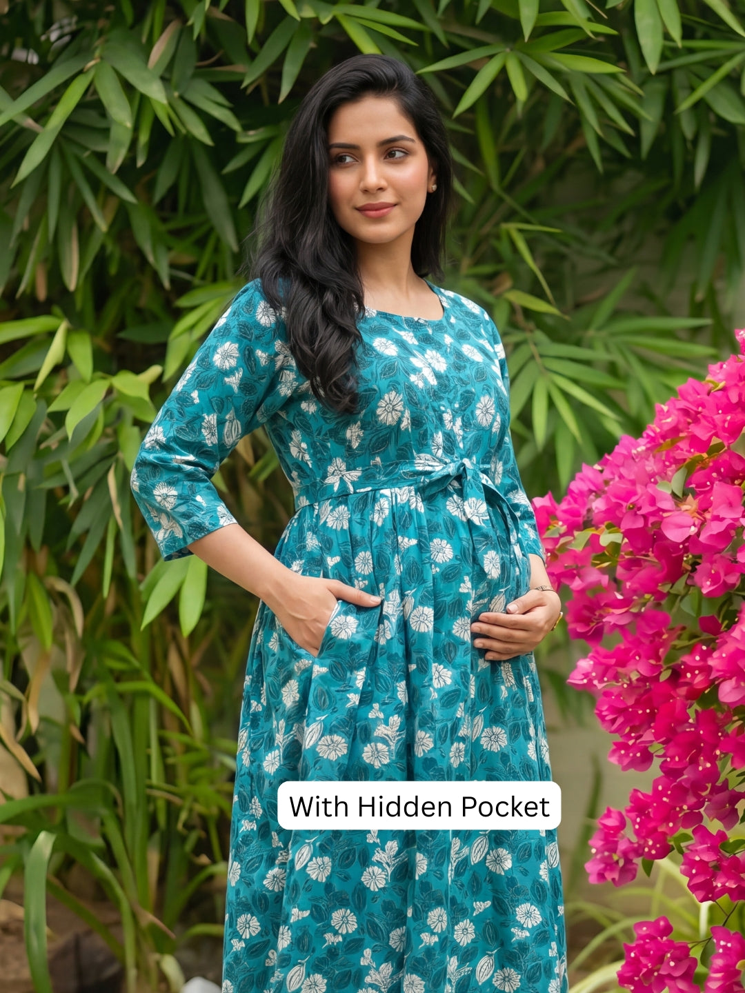 White Flower - Sea Blue - Maternity Kurti with Feeding Zips - Soft Rayon