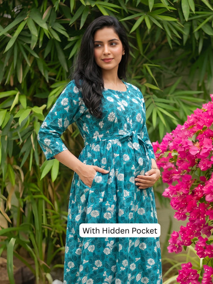 White Flower - Sea Blue - Maternity Kurti with Feeding Zips - Soft Rayon