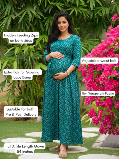 Peacock Bandhani Zigzag - Maternity Kurti with Feeding Zips - Soft Rayon