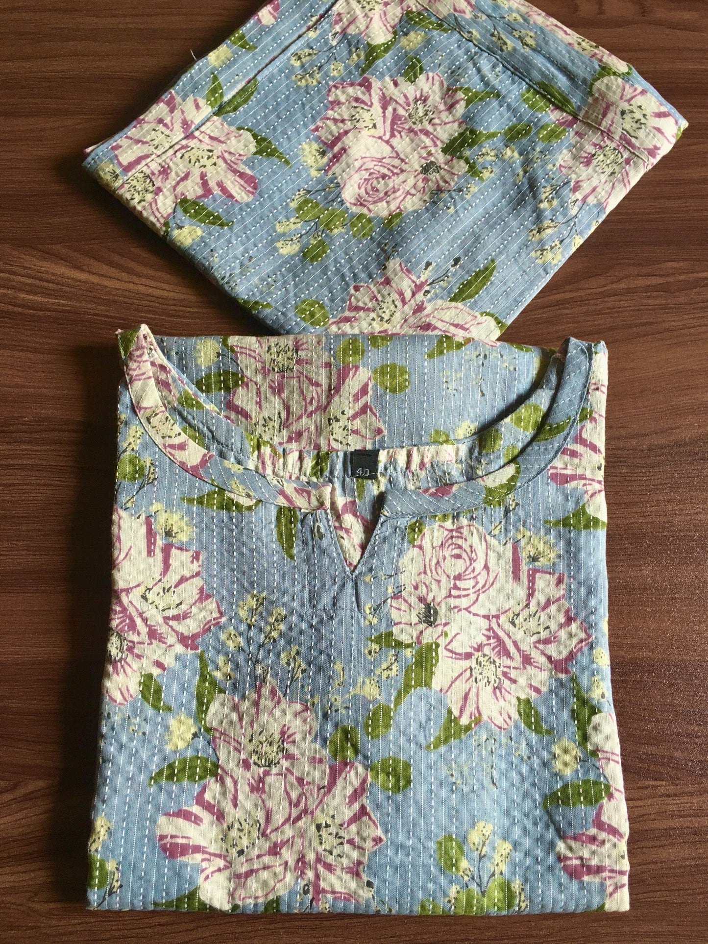 Katha Work - Classy Flowers - SKY Blue - Cord Set - Pure Cotton