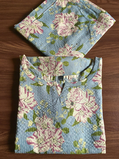 Katha Work - Classy Flowers - SKY Blue - Cord Set - Pure Cotton