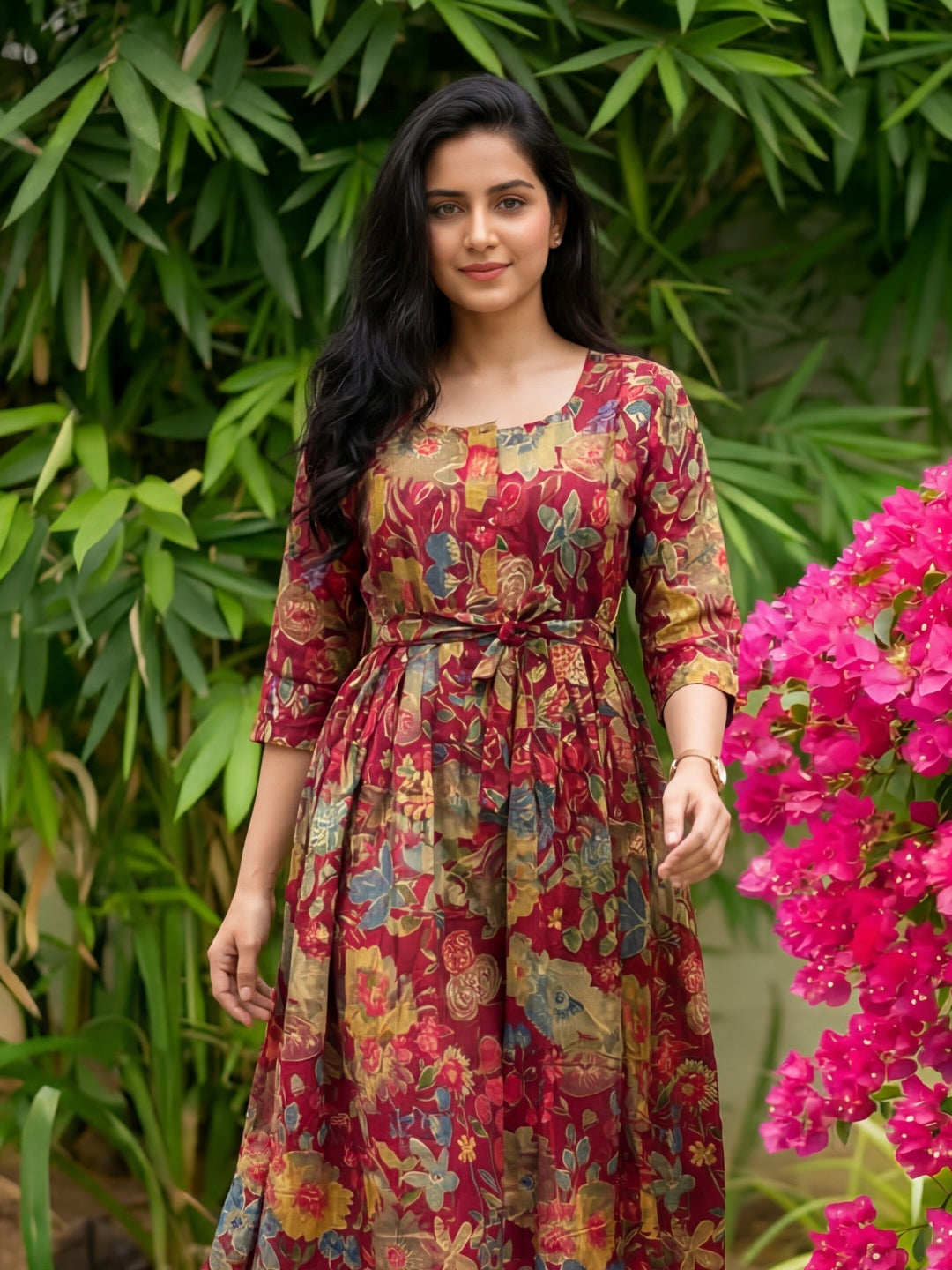 Maroon Grey Flower - Maternity Kurti with Feeding Zips - Soft Rayon