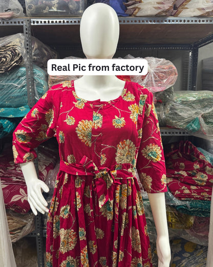 Red Green Sunflower - Maternity Kurti with Feeding Zips - Soft Rayon