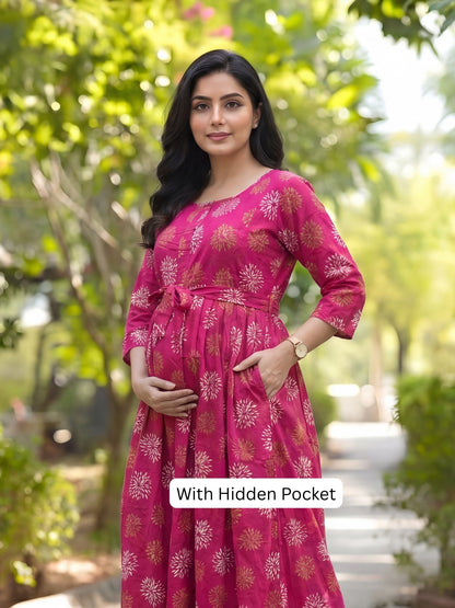 Marigold Rayon - Pink White - Maternity Kurti with Feeding Zips - Soft Rayon
