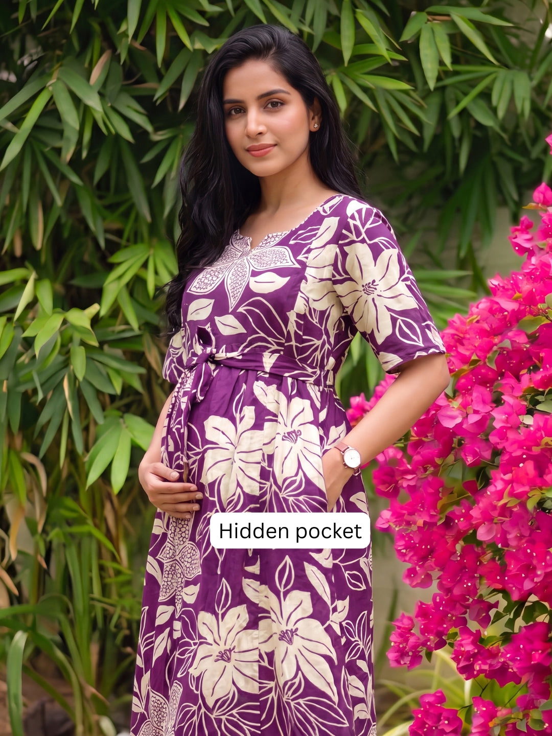 Lily Purple - Knee Length Maternity Dress with Feeding Zips - Soft Rayon