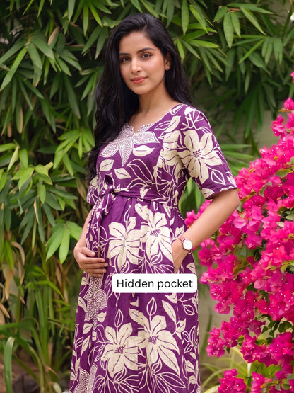 Lily Purple - Knee Length Maternity Dress with Feeding Zips - Soft Rayon