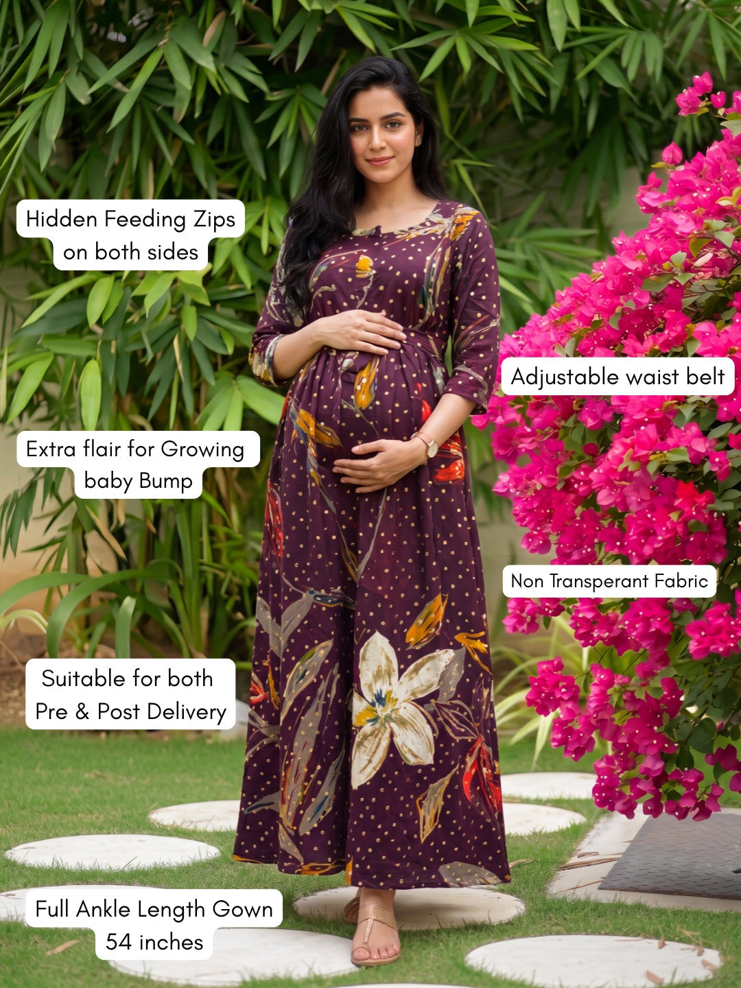 Nerium Flower - Purple - Maternity Kurti with Feeding Zips - Soft Rayon