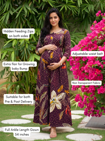 Nerium Flower - Purple - Maternity Kurti with Feeding Zips - Soft Rayon