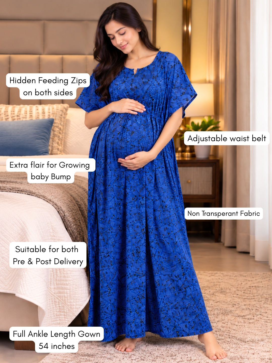 Kaftan - Indigo Charm - Maternity  Feeding Zips - Free Size - Soft Rayon