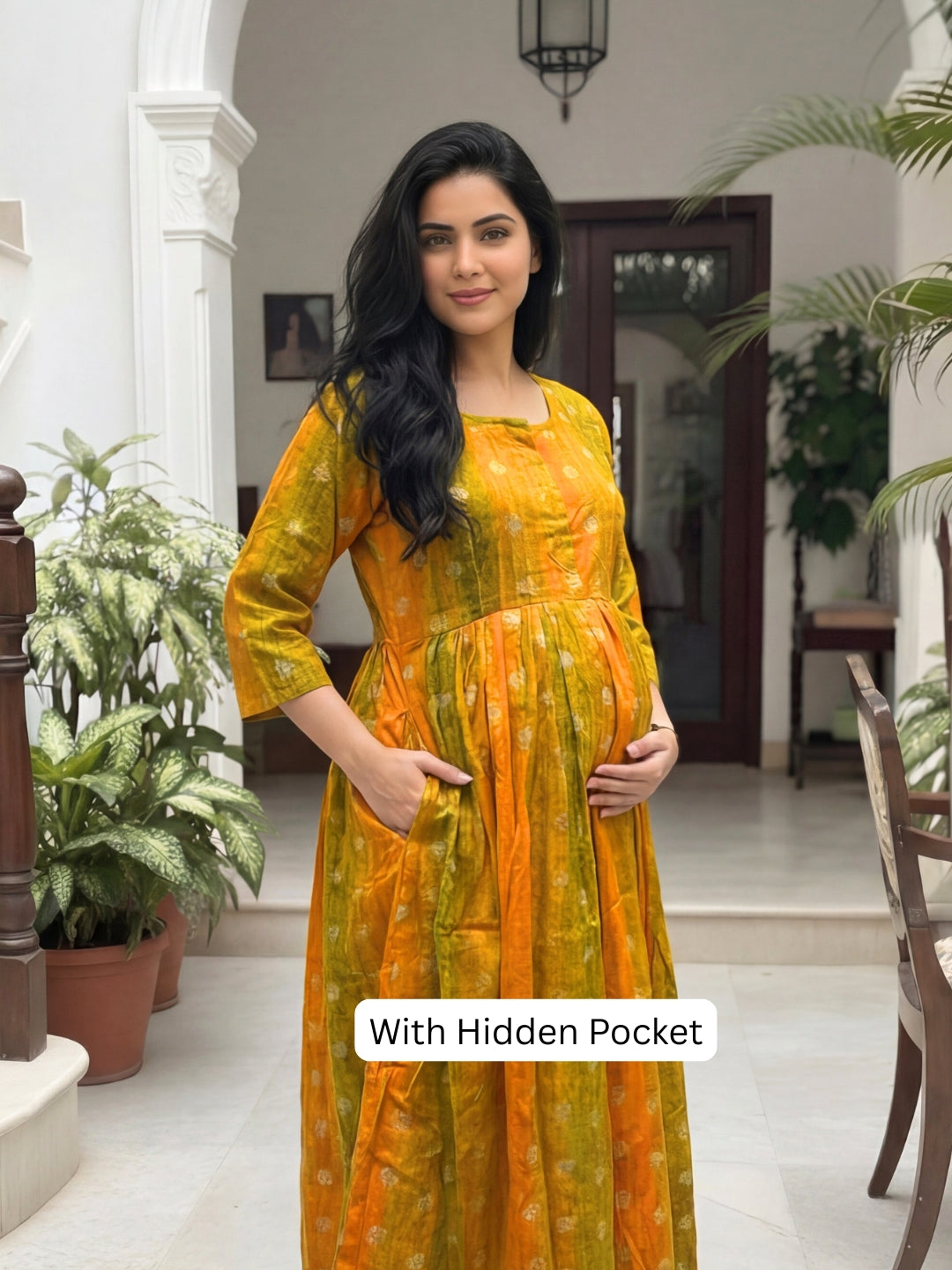 Gold Flower - Yellow  - Maternity Kurti with Feeding Zips - Soft Rayon
