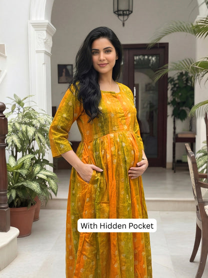 Gold Flower - Yellow  - Maternity Kurti with Feeding Zips - Soft Rayon