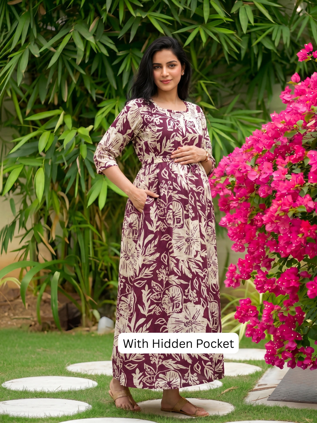 Hibiscus - Maroon White - Maternity Kurti with Feeding Zips - Soft Rayon