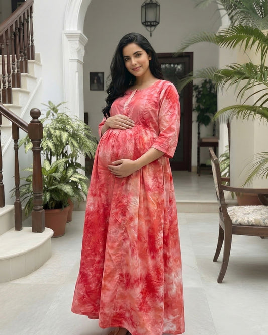 Tie Dye - Red - Maternity Kurti with Feeding Zips - Soft Rayon