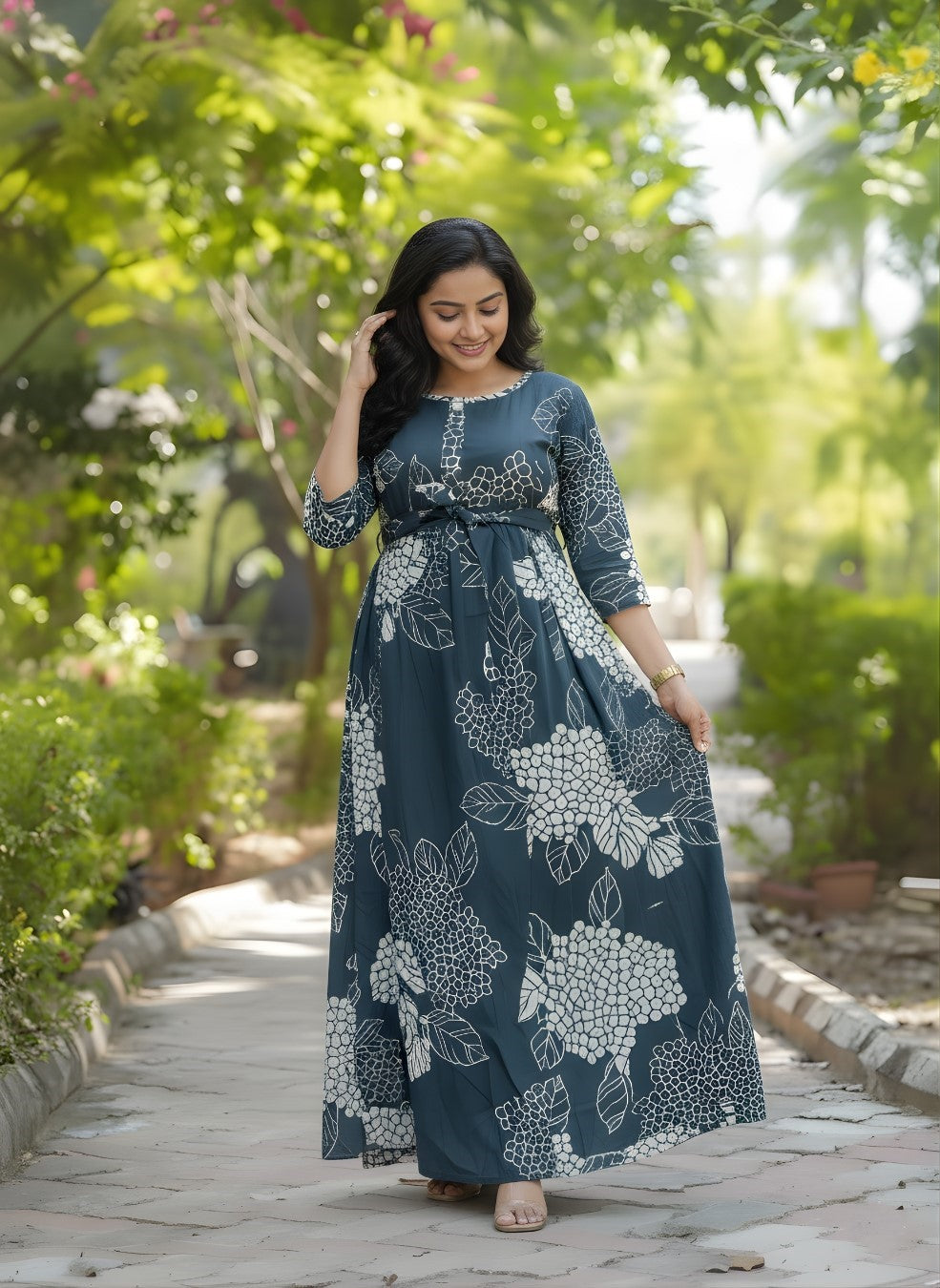Sea Grey Big Flower - Maternity Kurti with Feeding Zips - Soft Rayon