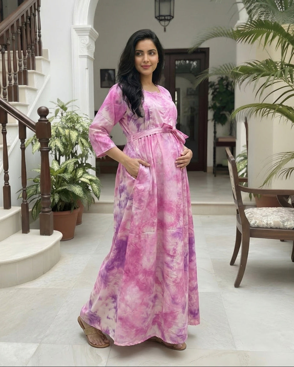 Tie Dye - Pink - Maternity Kurti with Feeding Zips - Soft Rayon