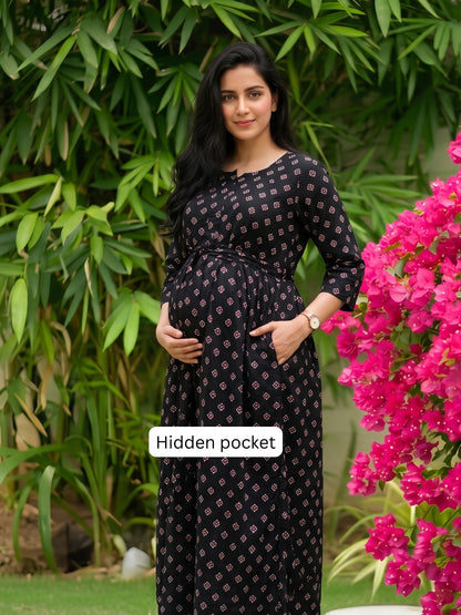Black Red - Maternity Dress with Feeding Zips - Soft Rayon