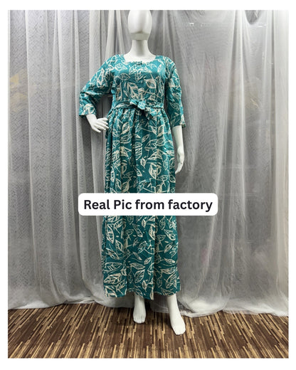 Sea Green White Leaf - Maternity Kurti with Feeding Zips - Soft Rayon