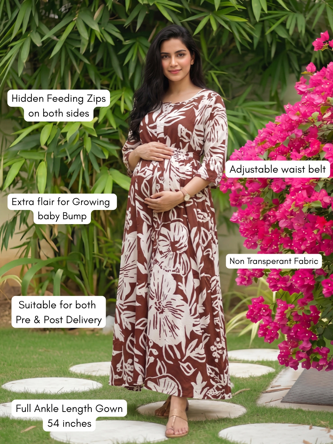 Hibiscus - Brown - Maternity Dress with Feeding Zips - Soft Rayon