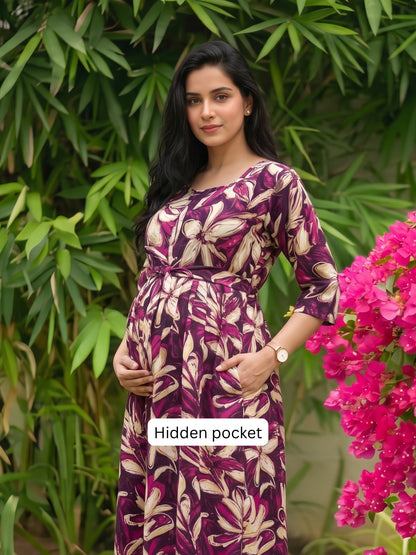 Jasmine Purple - Maternity Dress with Feeding Zips - Soft Rayon