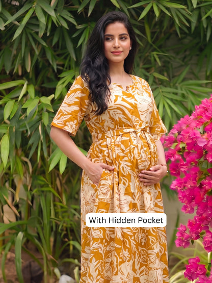 Hibiscus Yellow - Knee Length Maternity Dress with Feeding Zips - Soft Rayon