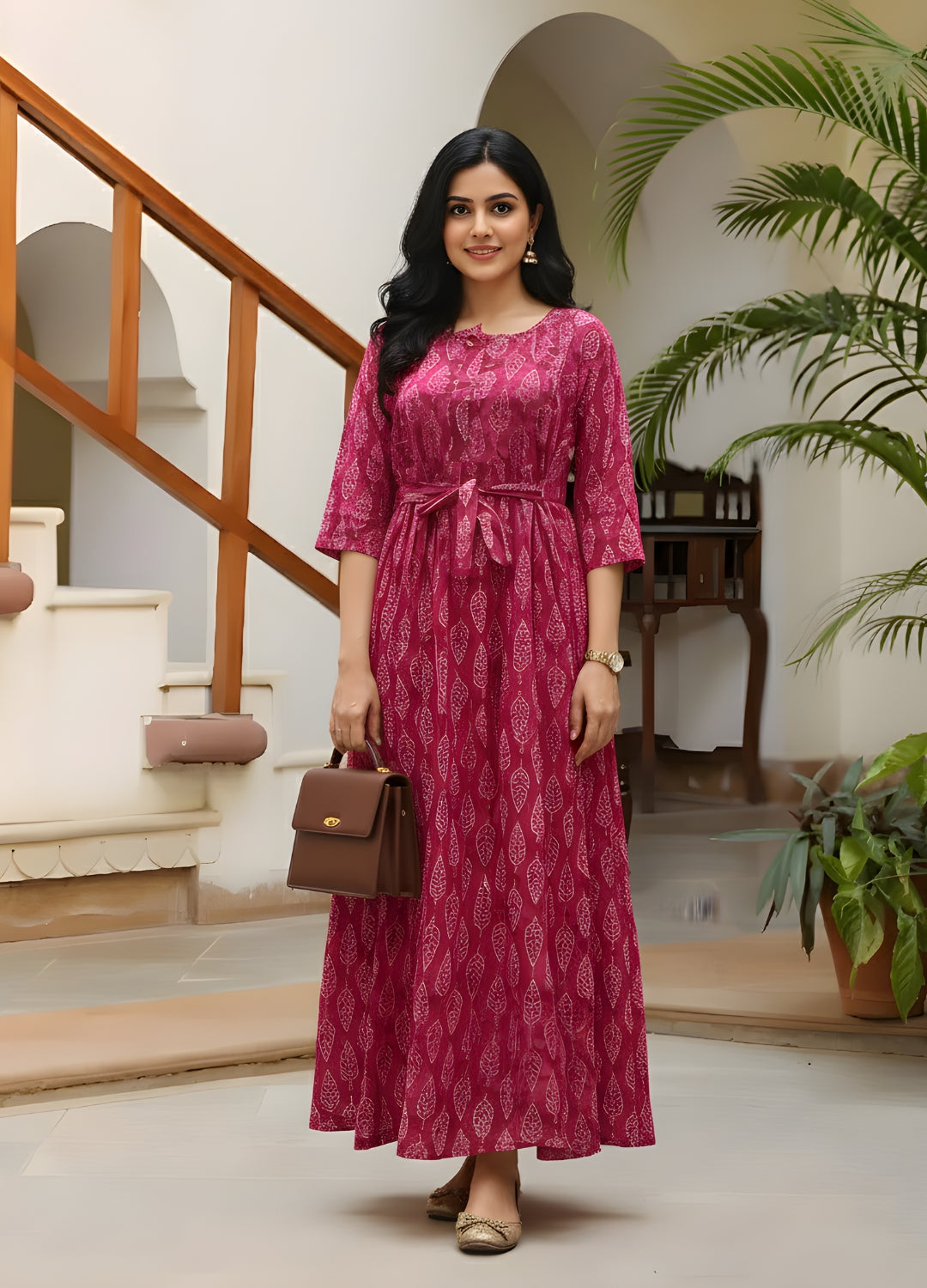 Pink Petal - Maternity Kurti with Feeding Zips - Cambric Cotton