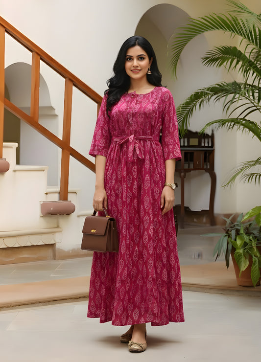 Pink Petal - Maternity Kurti with Feeding Zips - Cambric Cotton