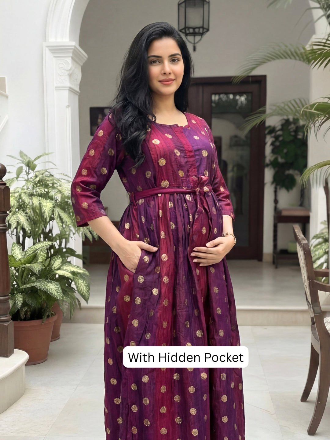 Gold Flower - Purple Maroon  - Maternity Kurti with Feeding Zips - Soft Rayon