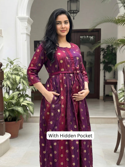 Gold Flower - Purple Maroon  - Maternity Kurti with Feeding Zips - Soft Rayon