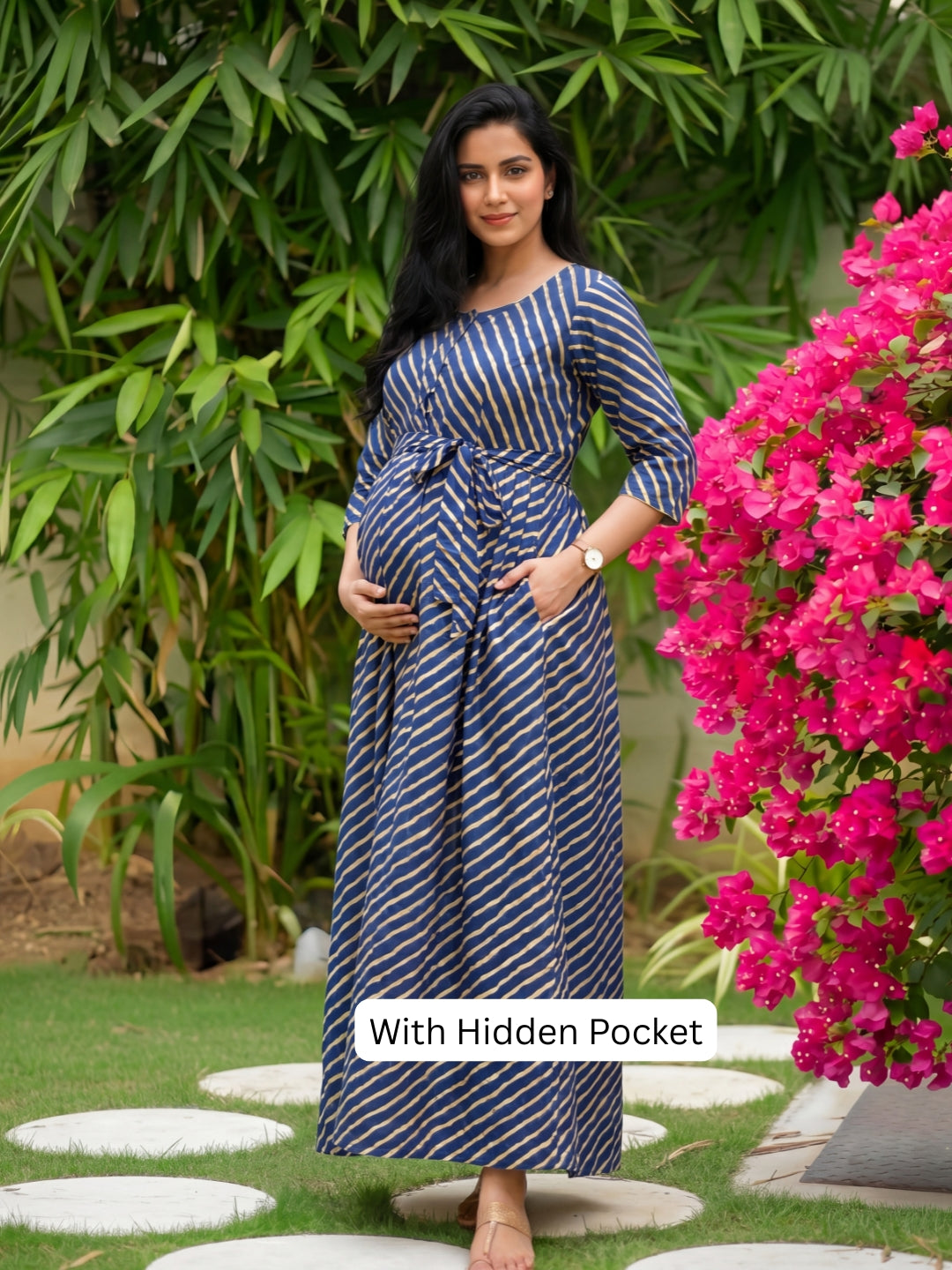 Stripes - Royal Blue - Maternity Kurti with Feeding Zips - Soft Rayon