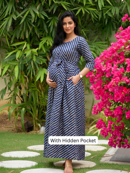 Stripes - Royal Blue - Maternity Kurti with Feeding Zips - Soft Rayon