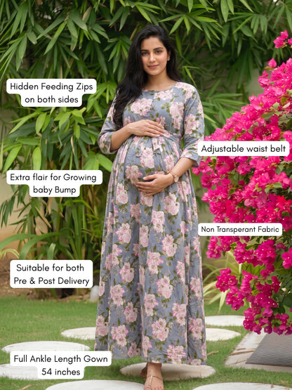 Exotic Flower - Sky Blue - Maternity Dress with Feeding Zips - Pure Cotton