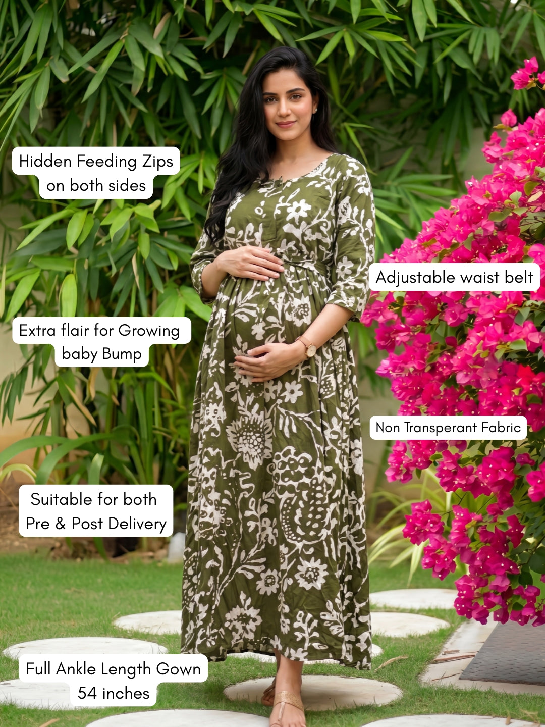 Florenza Green - Maternity Dress with Feeding Zips - Soft Rayon