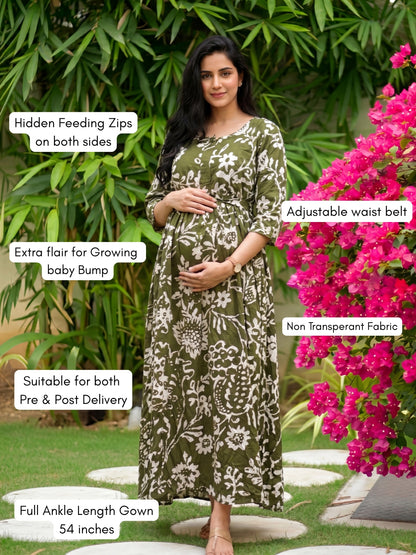 Florenza Green - Maternity Dress with Feeding Zips - Soft Rayon