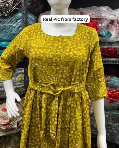 Dessert Yellow Flower Bandhani - Maternity Kurti with Feeding Zips - Soft Rayon