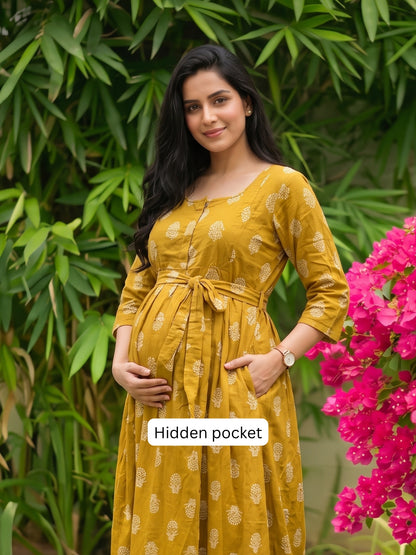 Rustic Flower - Mustard - Maternity Dress with Feeding Zips - Pure Cotton