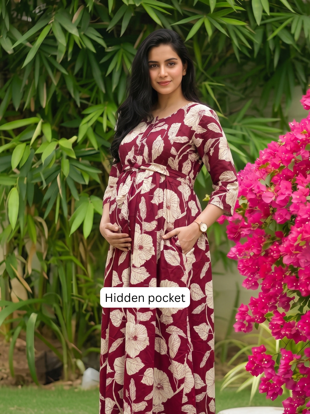 Hibiscus Maroon White - Maternity Dress with Feeding Zips - Soft Rayon