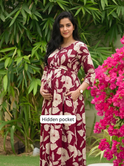 Hibiscus Maroon White - Maternity Dress with Feeding Zips - Soft Rayon