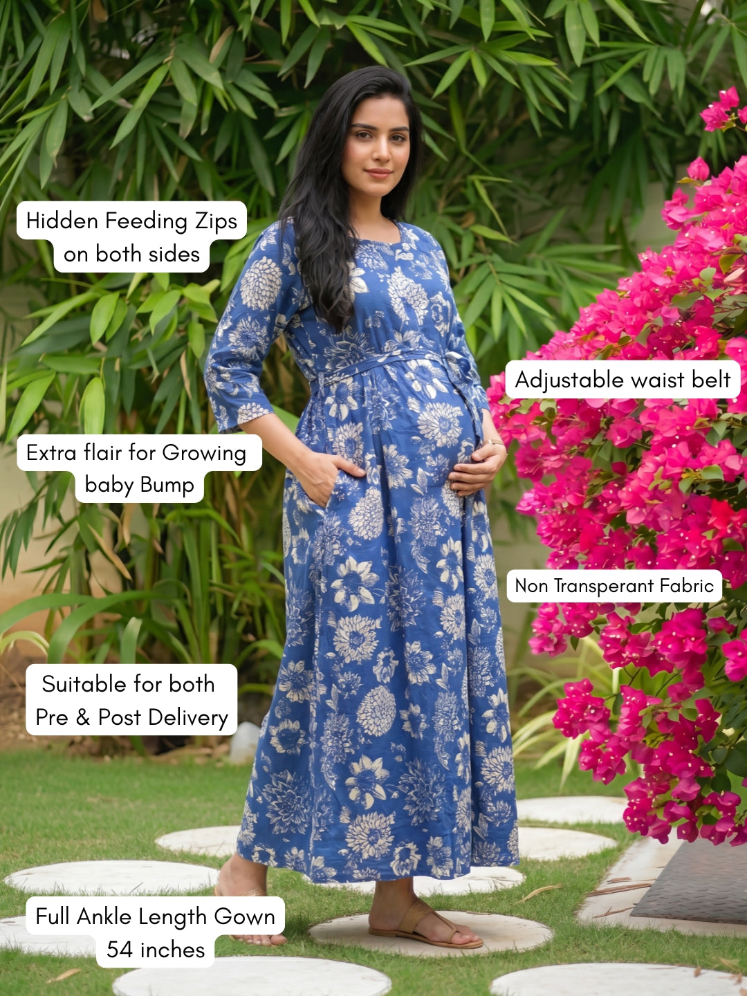 Marigold Cobalt - Maternity Dress with Feeding Zips - Pure Cotton