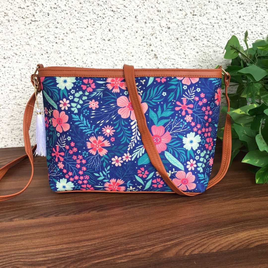 Minsk - 3 zip- Big size - Sling Bag - Blue Pink Flower