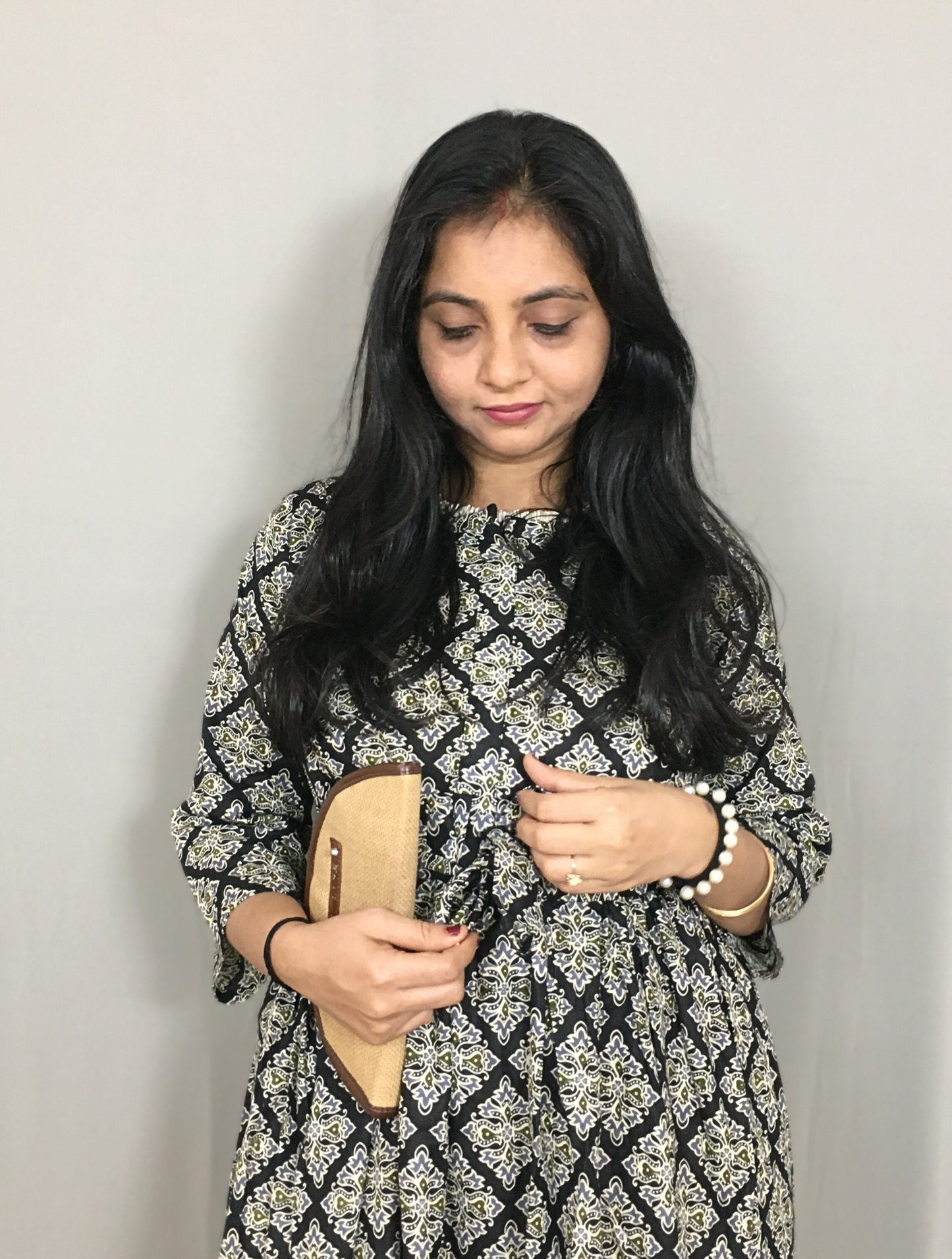 Black Dessert Flower - Maternity Kurti with Feeding Zips - Cotton Flex - Thicker Fabric