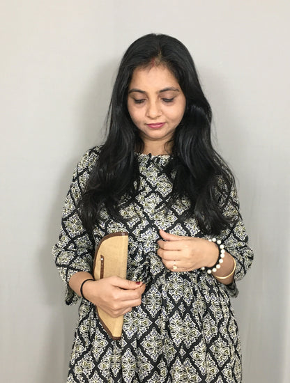 Black Dessert Flower - Maternity Kurti with Feeding Zips - Cotton Flex - Thicker Fabric