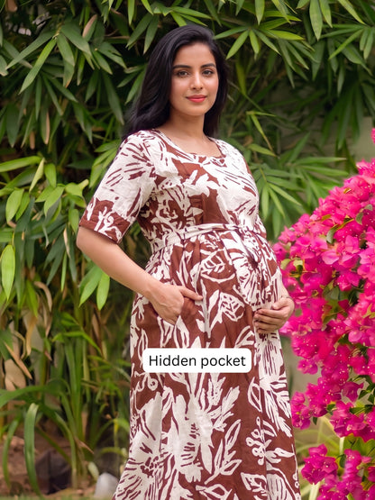 Hibiscus Brown - Knee Length Maternity Dress with Feeding Zips - Soft Rayon